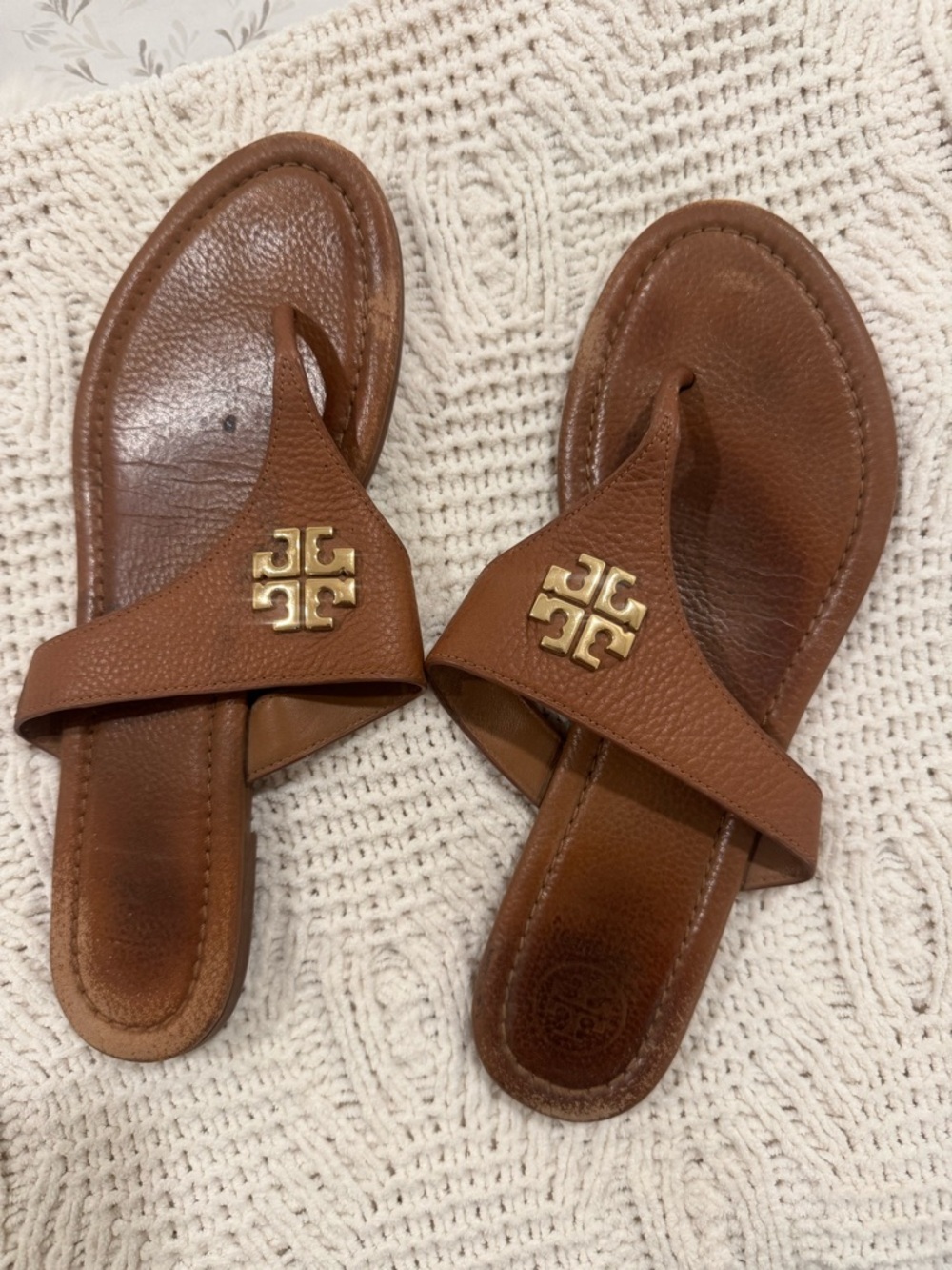Tory Burch Chestnut Brown Leather Logo Slide Sandals
